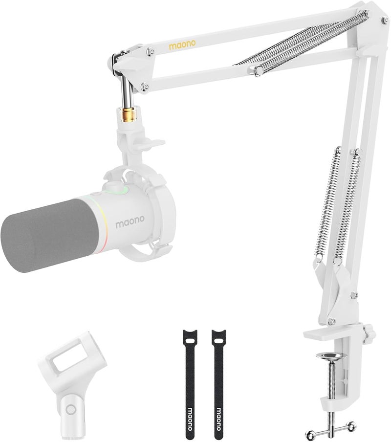 Maono Boom Arm Microphone Stand: Adjustable Metal Suspension Mic Boom Arm for Podcasting Gaming Streaming Recording,with Desk Clamp and 3/8" to 5/8" Screw Adapter-Max Load 1KG BA20 White - Image 1